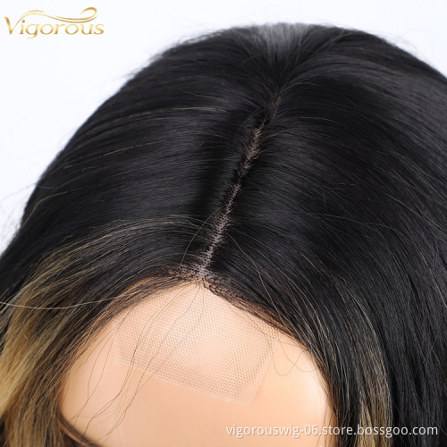 Top Quality Short Wavy Bob Wigs Black Women's Middle Part Highlight Blonde Synthetic Lace Wigs Wholesale Price